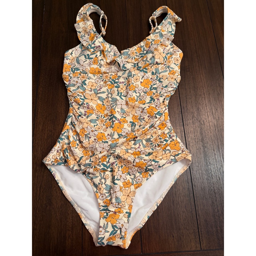 Cupshe Womens Floral Ruffle V-Neck One Piece Swimsuit Orange Teal Cream Size M